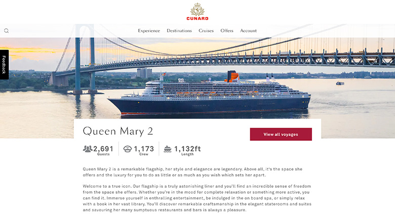 Screenshot of the Queen Mary 2 web page on Cunard's website
