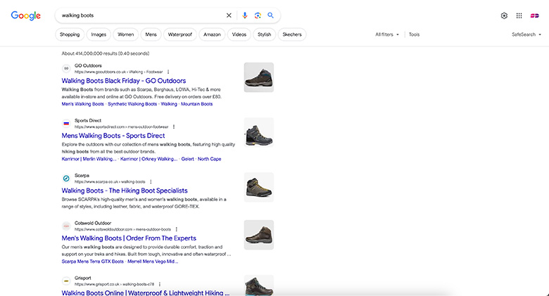 Google 'walking boots' search