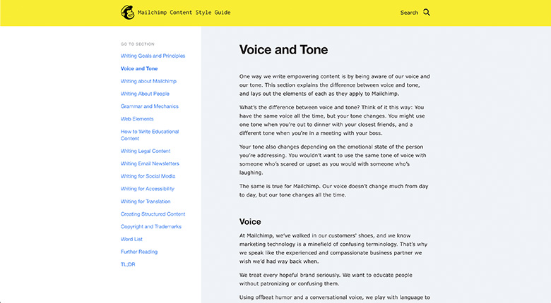 Screenshot from MailChimp's Voice and Tone page