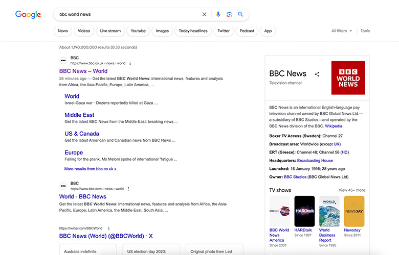 BBC World News on Google's Search Engine Result Page (SERP)