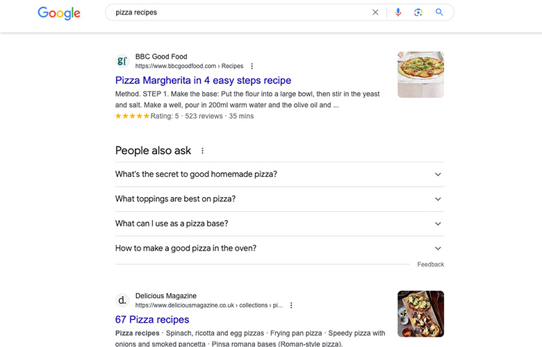 Pizza Recipe query on Google's Search Engine Result Page (SERP)
