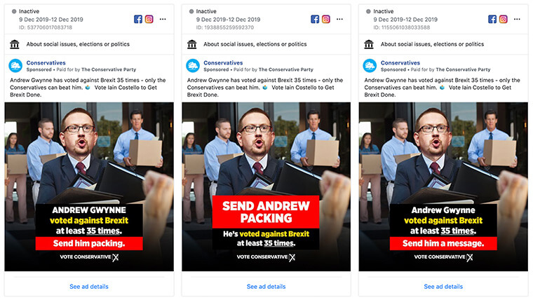 An example of a Tory advert with multiple variations