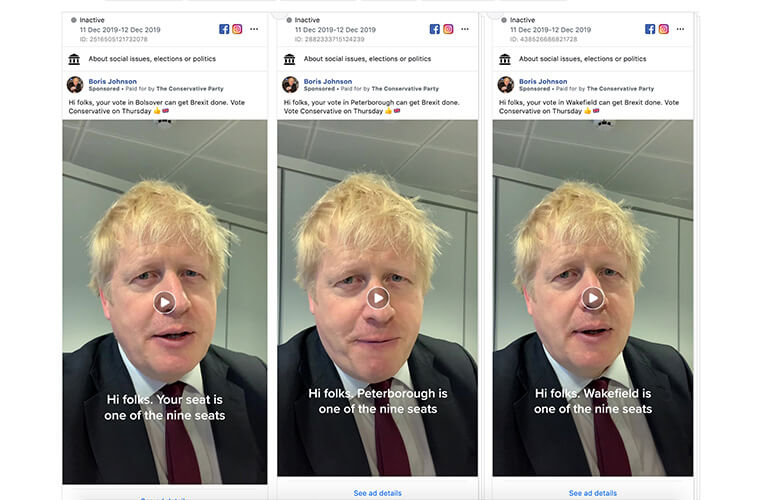 Multiple variations of Boris Johnson speaking in area-specific Facebook advert videos