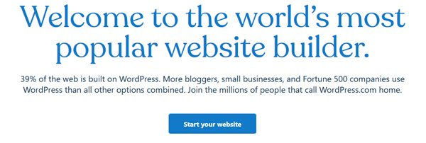 Screenshot taken from WordPress that states 'Welcome to the world's most popular website builder.'